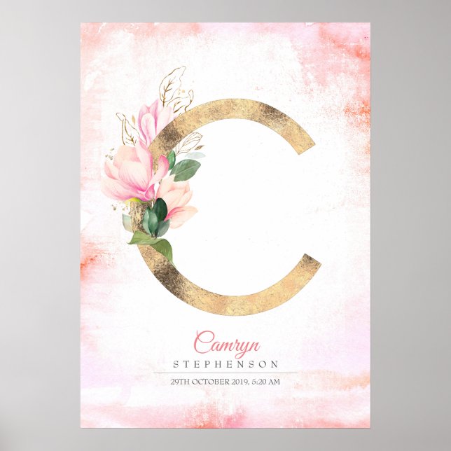 Poster Monogramme Lettre C Feuilles Dorées Magnolia Rose  (Devant)