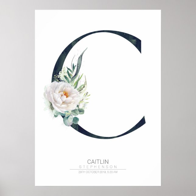 Poster Monogramme lettre C Fleurs blanches et feuillage (Devant)