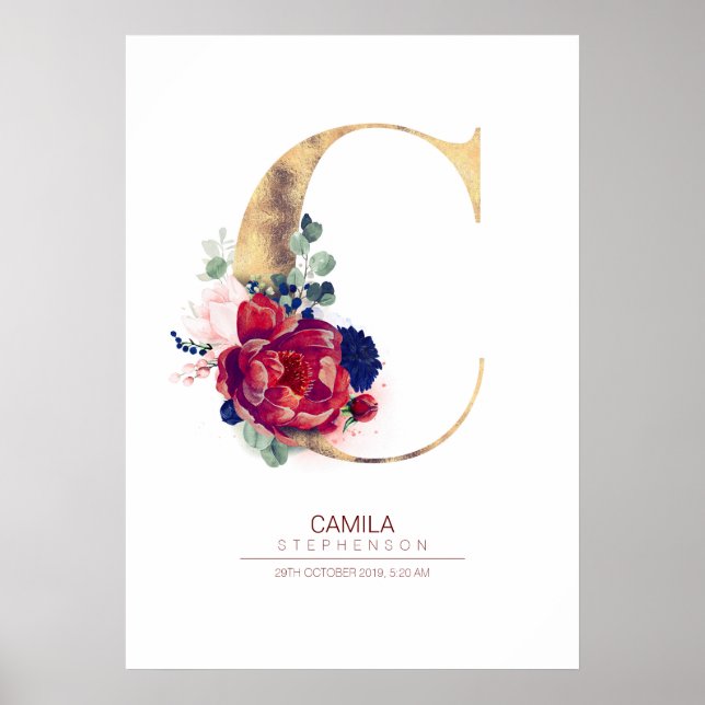 Poster Monogramme lettre C floral bleu marine et bordeaux (Devant)