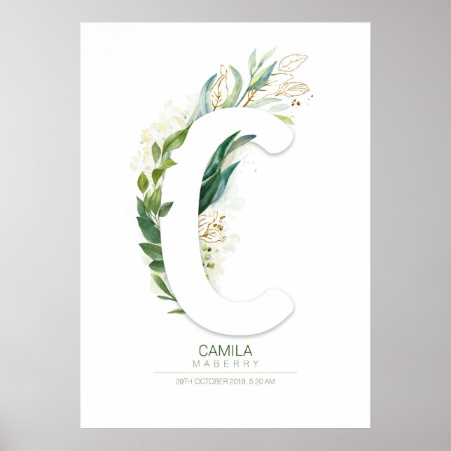 Poster Monogramme lettre C or doré feuillage chic (Devant)