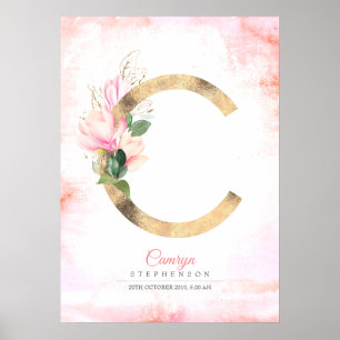 Poster Monogramme lettre C or feuilles magnolia floral ro