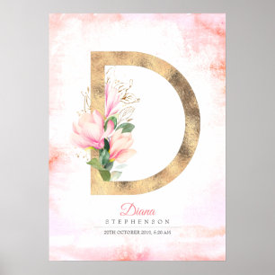 Poster Monogramme lettre D feuilles dorées fleurs de magn