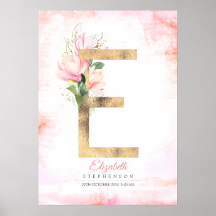 Poster Monogramme lettre E feuilles dorées magnolia rose 