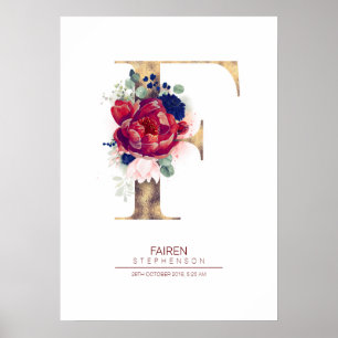 Poster Monogramme lettre F floral bleu marine et bordeaux