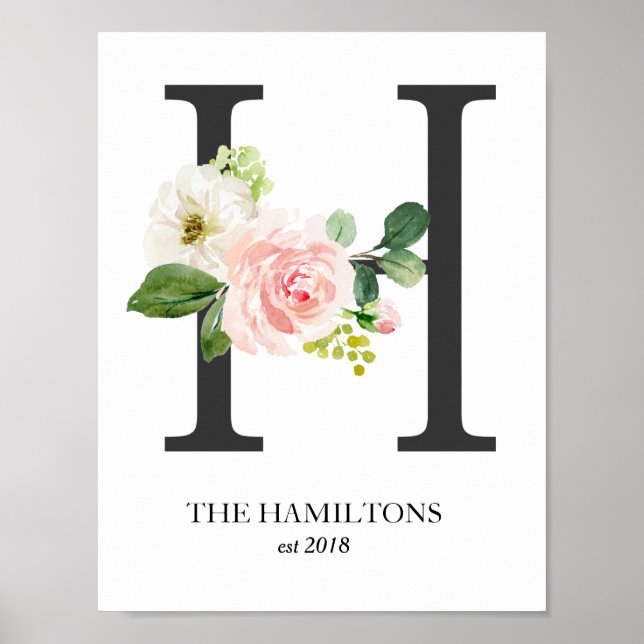 Poster Monogramme, Lettre florale H, Mariage, Pépinière (Devant)