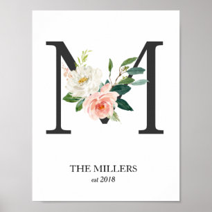 Poster Monogramme, Lettre florale M, Mariage, Pépinière
