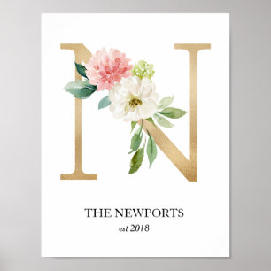 Poster Monogramme, Lettre florale N, Mariage, Pépinière