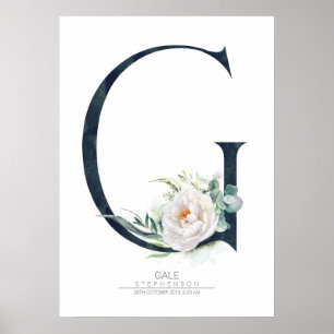 Poster Monogramme lettre G Fleurs blanches et feuillage