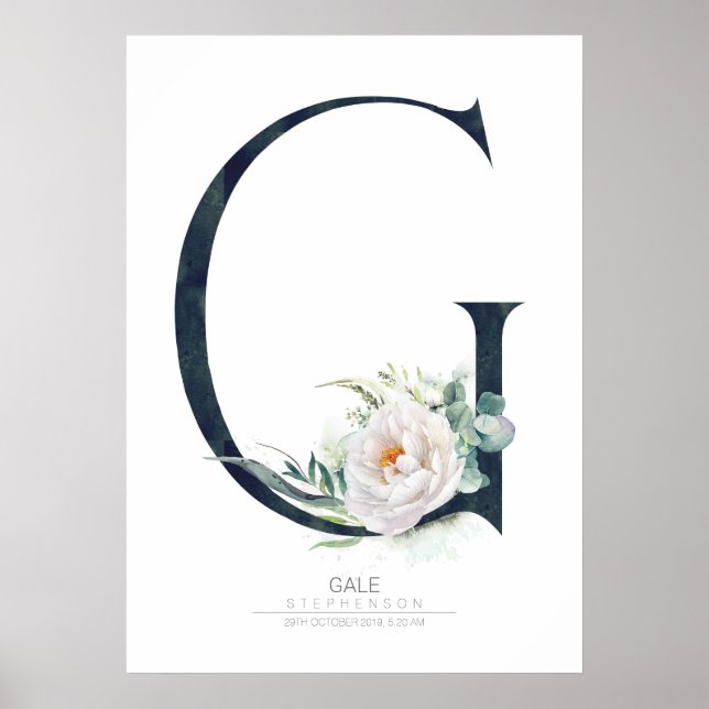 Poster Monogramme lettre G Fleurs blanches et verdure (Devant)