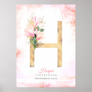 Poster Monogramme lettre H feuilles dorées magnolia rose 
