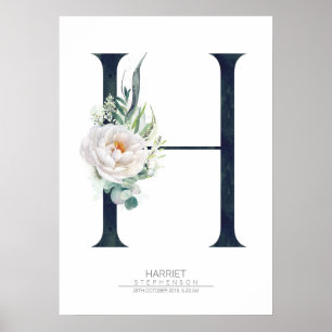 Poster Monogramme lettre H Fleurs blanches et verdure