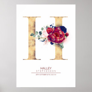 Poster Monogramme lettre H floral bleu marine et bordeaux