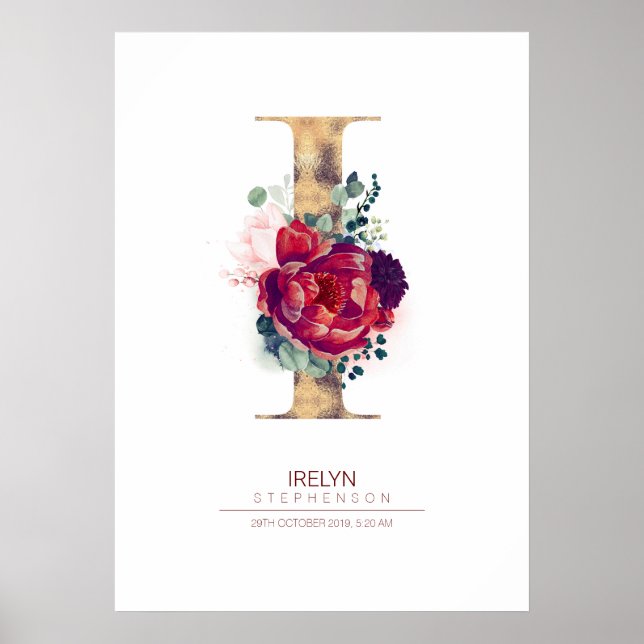 Poster Monogramme lettre I floral bordeaux et or (Devant)