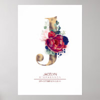 Monogramme lettre J floral bleu marine et bordeaux