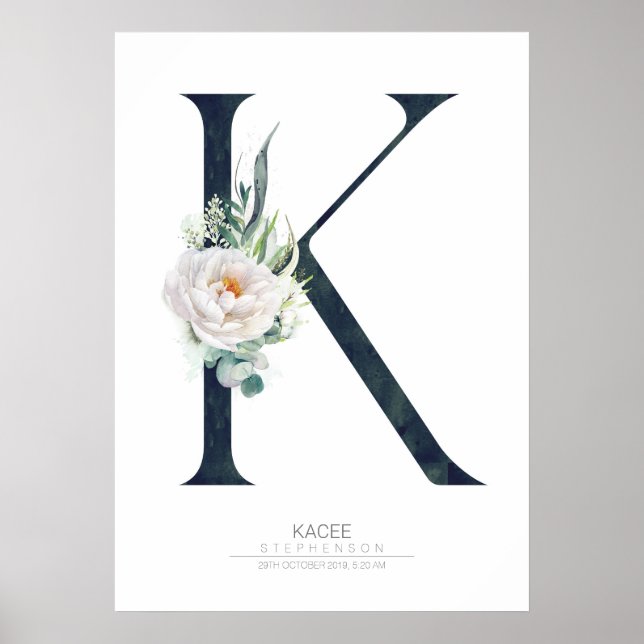 Poster Monogramme lettre K Fleurs blanches et feuillage (Devant)