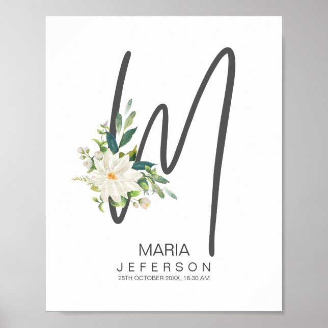 Poster Monogramme lettre M Décor floral rose (Devant)