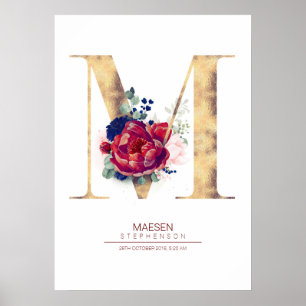 Poster Monogramme lettre M floral bleu marine et bordeaux
