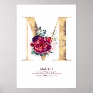 Poster Monogramme lettre M floral bordeaux et or