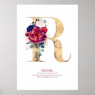 Poster Monogramme Lettre R Floral Bleu Nuit et Bourgogne