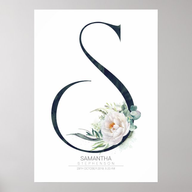 Poster Monogramme lettre S Fleurs blanches et feuillage (Devant)