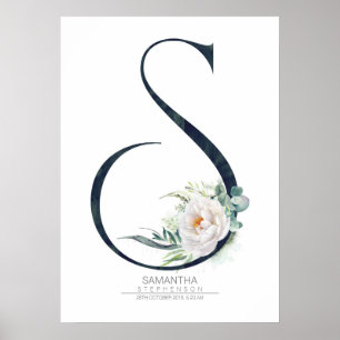 Poster Monogramme lettre S Fleurs blanches et verdure