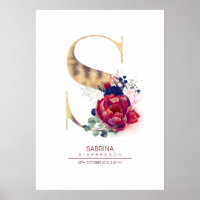 Monogramme lettre S floral bleu marine et bordeaux