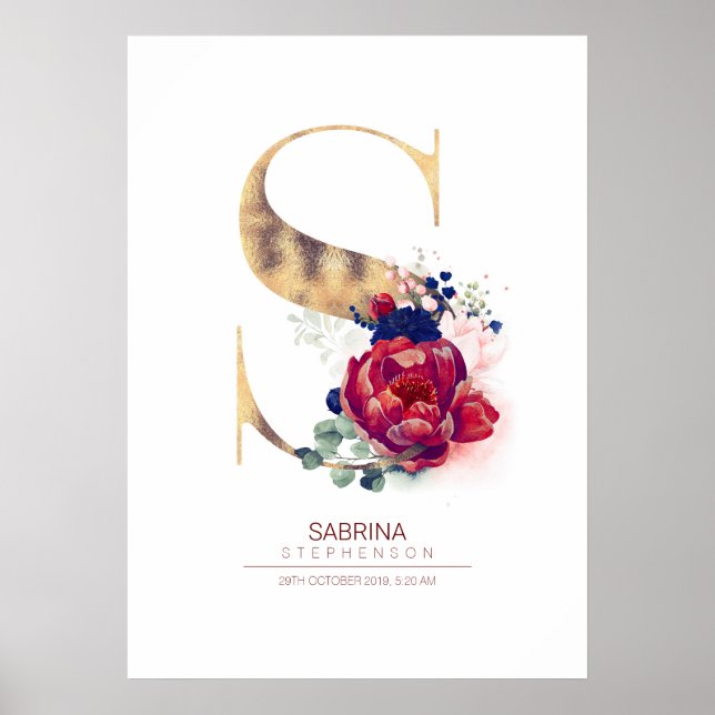 Poster Monogramme lettre S floral bleu marine et bordeaux (Devant)