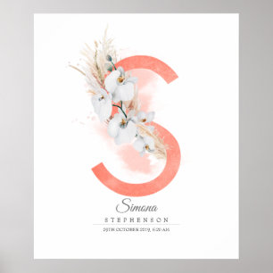 Poster Monogramme lettre S Orchidées blanches et herbe de