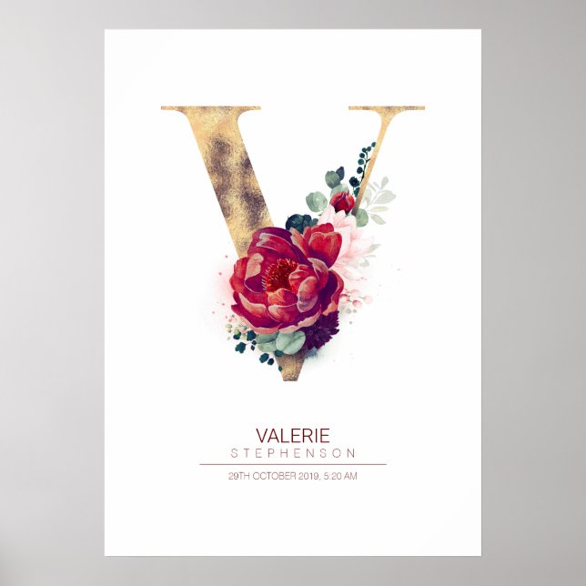 Poster Monogramme lettre V floral bordeaux rouge et or (Devant)