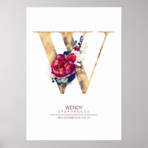 Poster Monogramme lettre W floral bleu marine et bordeaux