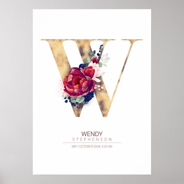 Poster Monogramme lettre W floral bleu marine et bordeaux (Devant)