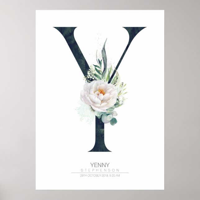 Poster Monogramme lettre Y Fleurs blanches et feuillage (Devant)