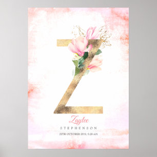 Poster Monogramme lettre Z feuilles dorées magnolia rose 