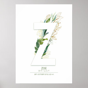 Poster Monogramme lettre Z or feuillage rêveur