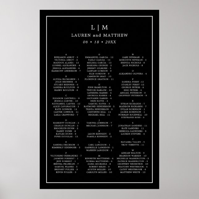Poster Monogramme Mariage Alphabétique Noir (Devant)