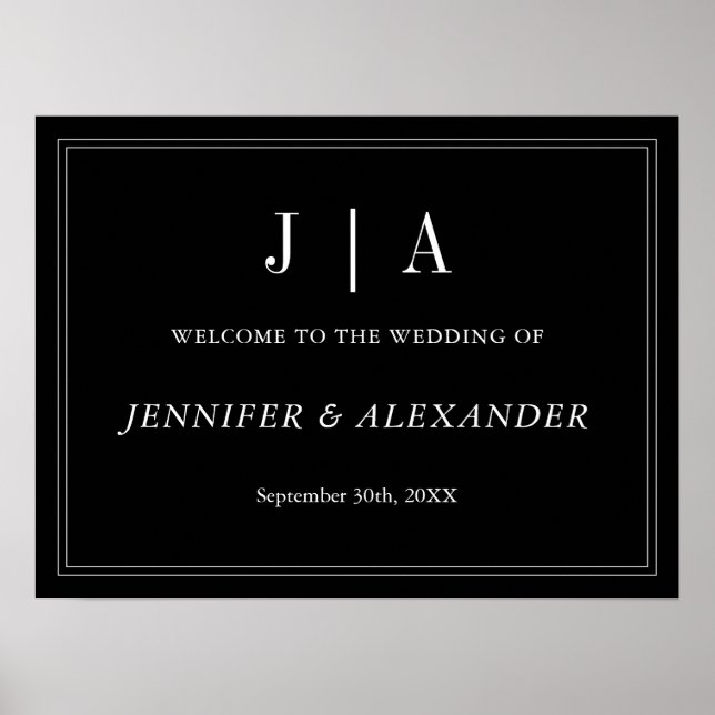 Poster Monogramme Moderne Simple Mariage noir et blanc (Devant)