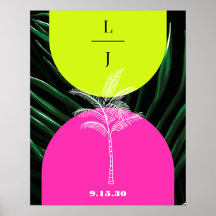 Poster Monogramme Neon Arches Tropical Palm Tree Mariage