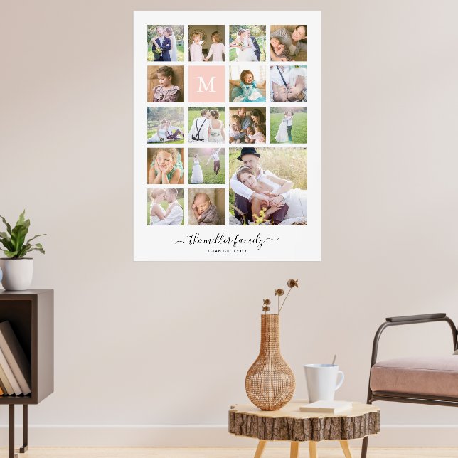 Poster Monogramme Nom Calligraphie Blanc 16 Photo Collage (Salon 3)