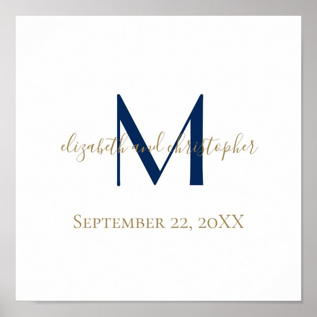 Poster Monogramme Nom Initiales Bleu Or Date de Mariage C (Devant)
