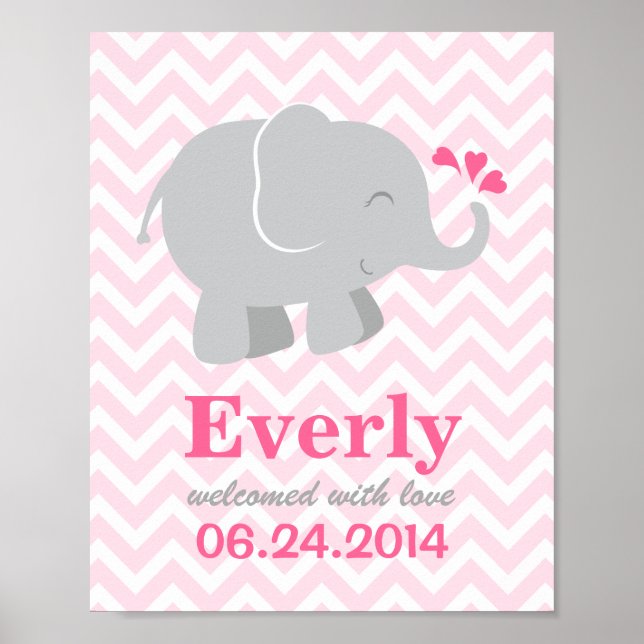 Poster Monogramme personnalisé d'éléphant rose et gris mo (Devant)