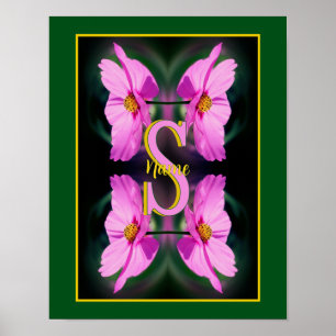 Poster Monogramme personnalisé initial nom Cosmos rose