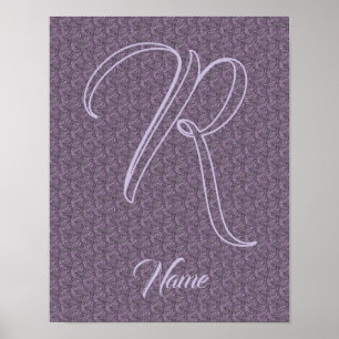 Poster Monogramme personnalisé initial nom floral violet