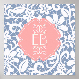 Poster Monogramme personnalisé par dentelle vintage bleue