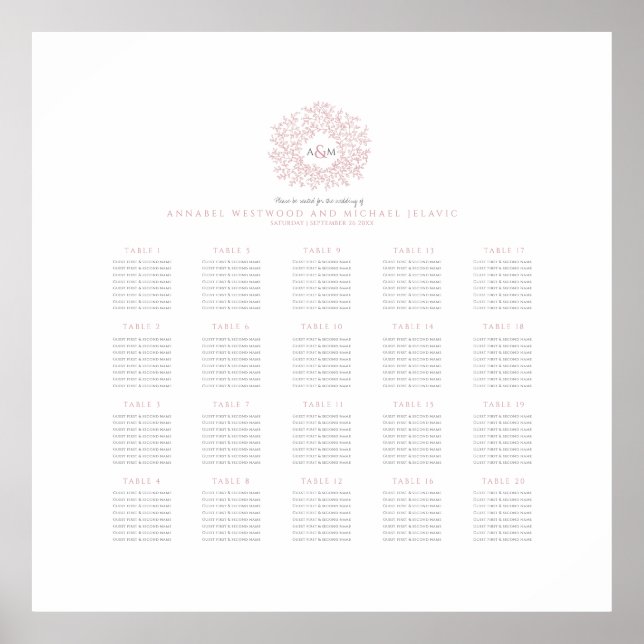 Poster monogramme rose vif mariage 20 places assises (Devant)