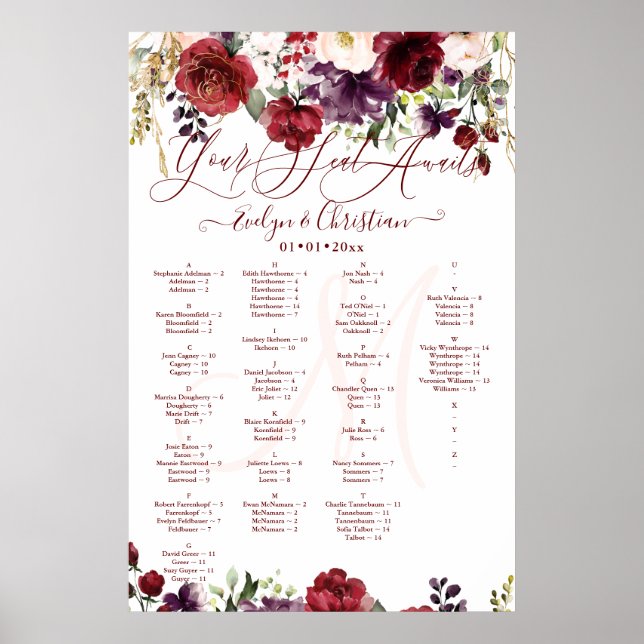 Poster Monogramme Rustique Fleur Broussaillée Bourgogne D (Devant)