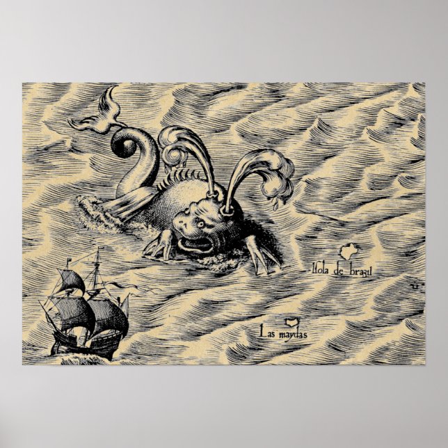 Poster Monster de la mer Arctique et navire à voile Sepia (Devant)