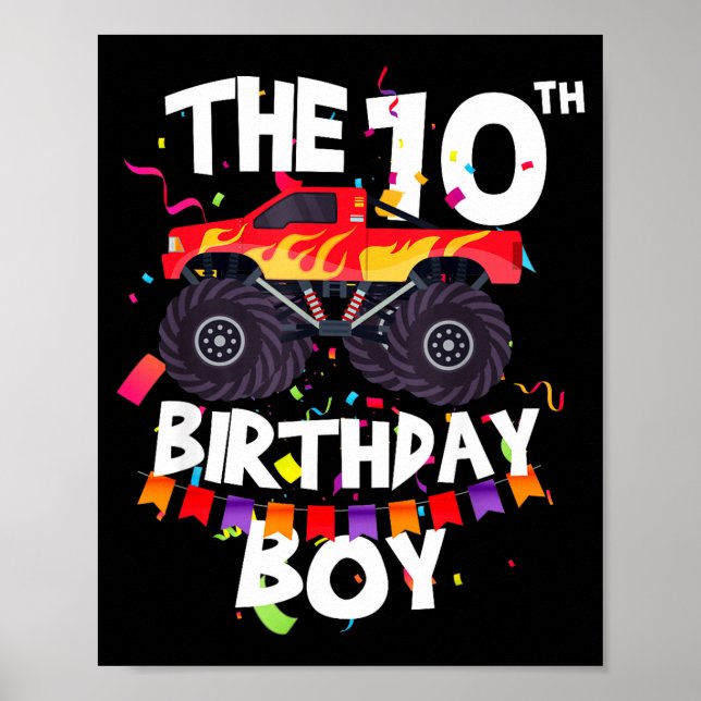 Poster Monster Truck 10th Birthday Boy Funny 10 Years Old (Devant)