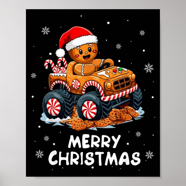 Poster Monster Truck Gingerbread Man Funny Merry Christma (Devant)