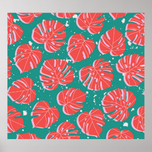 Poster Monstère rouge : motif tropical vert