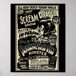 Poster Monstre de film d'horreur Mummy Dracula Werewolf F